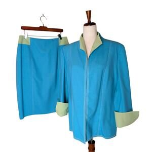 Vintage Carlisle Aqua Blue & Pale Green Wool Jacket Skirt Set Size 14